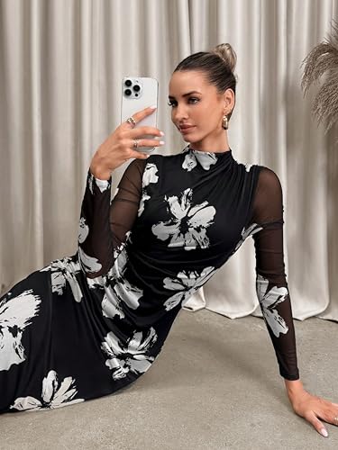 Image of Women's Summer Mesh Sheer Long Sleeve Midi Ruched Bodycon Dress Mock Neck Elegant Evening Party Cocktail Dresses