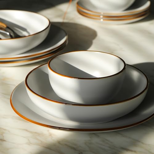 Image of Stone Lain Brasa Stoneware 16 Piece Modern Dinnerware Sets, Plates and Bowls Service for 4, White, Microwave & Dishwasher Safe