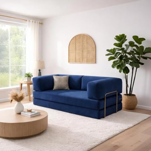 Image of Torque Vegas 3 Seater Sofa Cum Bed for Sleeping - Blue | Premium Suede Fabric 3-Seater Double Foam Fold Out Sofas Bed | Convertible 2 in 1 Sofa Cuma Bed for Office