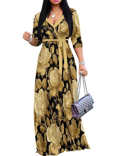 Image of SUZONANA Plus Size Dresses for Women Floral Print Maxi Dress Flowy 3 /4 Sleeve with Belt