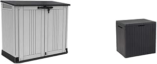 Keter 249317 Store it Out Nova Outdoor Garden Storage Shed, 132 x 71.5 x 113.5 cm, Light Grey with Dark Grey Lid & City 113L Outdoor Garden Storage Box Garden Furniture - Dark Grey