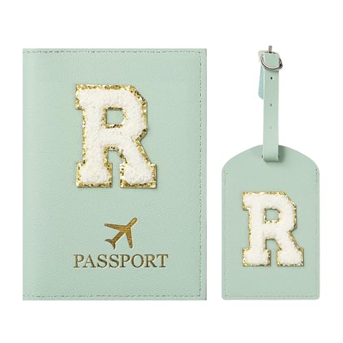 ZVRSUA Funda para Pasaporte y Identificador de Maletas, Pasaporte Verde Iniciales, Piel Sintética Suave, Accesorios Viaje Personalizados，Adecuado para Mujeres, Adolescentes,Niñas,Masculino (Verde R)