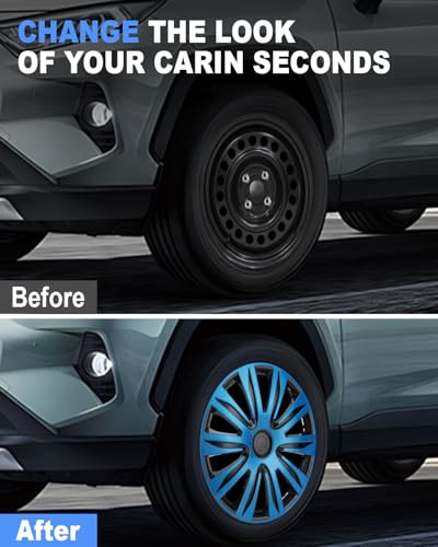 Image of ABX Hubcap Wheel Covers Hub Caps 16 Inch Set of 4 Black & Blue Universal Wheel Rim Cover R16 Stylish Car Decor Wheel Covers