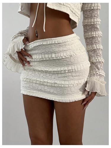 Milumia Women's Lace Trim Knit Micro Mini Skirt Ruffle Layered Pleated Tiered Y2K Festival Rave Skirts4