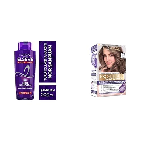 Elseve Turunculaşma Karşıtı Mor Şampuan + Excellence Cool Creme Saç Boyası 7.11 Ekstra Küllü Kumral