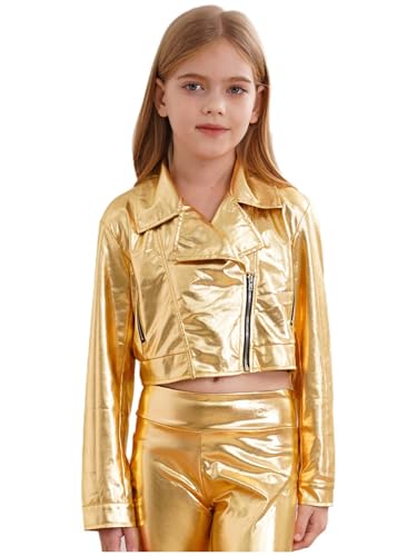 Girls Boys Metallic Bomber Jacket Zip Up Long Sleeve Jazz Dance Crop Tops Windbreaker Motorcycle Coat Outerwear3