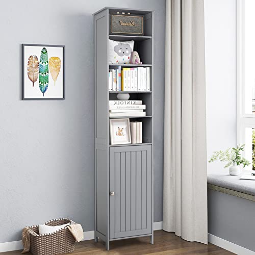 Costway Tall Storage Cabinet, Wooden Floor Cabinet With 3-Level Adjustable Shelves, Convenient Door & Knob, Narrow Storage Cabinet Organizer For Bathroom, Living Room, Kitchen (Grey) #TOP3