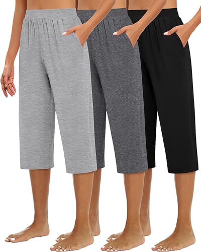 Huukeay 3 Pack Women's Capri Sweatpants, Cozy Wide Legs Cropped Capri with Pockets, Lounge Jogger Pants Workout Yoga Solid(Medium,Black, Dark Gray, Light Gray)