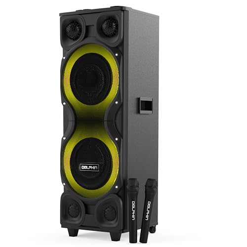 Dolphin High-Power Big Party Speaker – X-BASS, Strobe & LED Infinity Lights, Bluetooth, Wood Cabinet MDF, 2 UHF Wireless Mics, 120W, Long-Lasting Battery for DJ & Karaoke