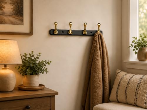 Image of ELUVIA Zinc Alloy 4 Pin Wall Hooks for Hanging Cloth and Towel Hangers for Wall Hook,Hook Rail Home Bathroom Kitchen & Bedroom (Pack of 1, Gold Black, 4 Hook)