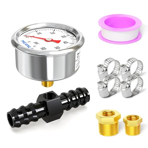 Image of MEANLIN MEASURE 0-60Psi Stainless Steel Glycerin Filled Pressure Gauge 1 /8 inch NPT 1.5 inch FACE DIAL, with 1 /2 inch Barb Aluminum Fitting Adapter Liquid Filled Pressure Gauge (9Pieces Kit, Back Mount)