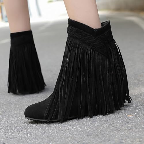 Alyaafifa Fringe Boots for Women Chunky Block Wedge Heel Wide Calf Ankle Booties Closed Toe Pull On V-Cut Short Boots with Tassels Dressy Trendy Comfortable2