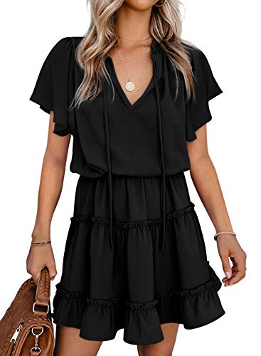 Dokotoo Womens Cute Spring Summer Casual Sexy Deep V Neck Ruffle Chiffon Lantern Short Sleeve Elegant Empire Waist Flowy Mini Short Skirt Dresses for Women Party 2021 Black Medium