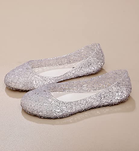 Womens Jelly Sandals, White Jelly Shoes Glitter Flats for Women Size 9, Slip On Summer Ballet Flat Transparent Layered Lines Bird Nest Soft Hollow Out Loafers4