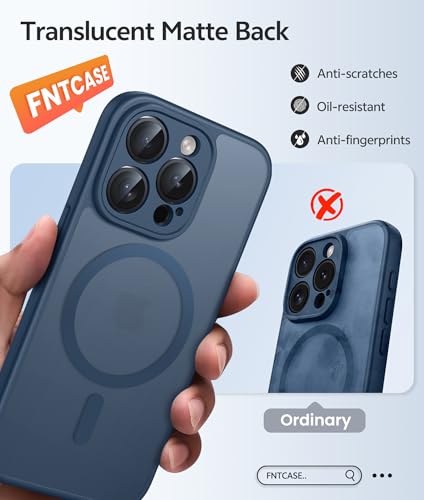 Image of FNTCASE for iPhone 15 Pro Max Case: [Compatible with Magsafe] Translucent Matte Cases with [Full Camera Protection] [Screen Protector] Military Grade Shockproof Protective Phone Cover - Blue