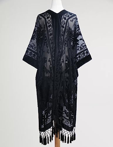 WeHello Women\'s Burnout Velvet Kimono Long Cardigan Cover Up with Tassel Solid Black