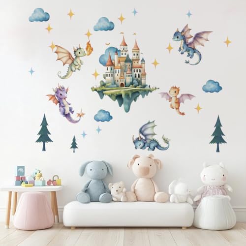Image of SUPERDANT Flying Dragon Wall Stickers Cartoon Castle Wall Decor Nursery Stickers Dragon DIY Vinyl Murals Peel and Stick Wallpaper Art Decals for Kids Room Playroom Livingroom Baby Room Decor
