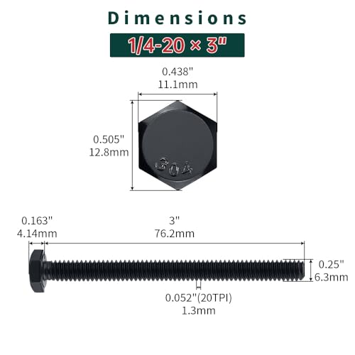 Image of 1 /4-20 x 3 Hex Bolts with Nuts and Washers (10 Sets), 18-8 (304) Stainless Steel, External Hex Drive, Black Oxide Coated Hexagon Head Bolts Screws, Fayeploo