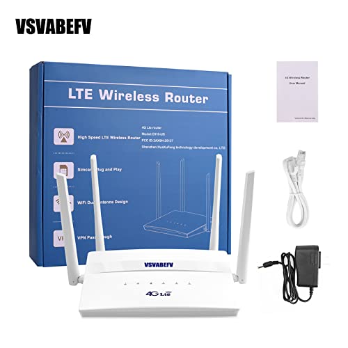 Vsvabefv 4G Lte Wireless Router With Sim Card Slot 300Mbps Unlocked Wireless Mobile Wifi Hotspot Routers With 4 Non-Detachable Antennas For B2/B4/B5/B12/B13/B17/B18/B25/B26， Support T-Mobile And At&T #TOP6