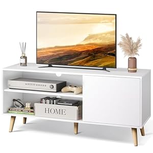 WLIVE TV Stand for 55 Inch TVs, Entertainment Center with Storage Cabinet, Mid-Century TV Stands for Living Room and Bedroom, 50″ TV Console, White