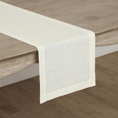 image for Solino Home Linen Ivory Table Runner 48 Inches - Classic Hemstitch, 10