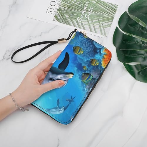 Dolphin in The Coral Reef Ladies' Leather Wallet With Hand Strap Slim Vertical Purse Wallets Card Case Long Zip Around Long Wallet Credit Cards Holder Phone Clutch4