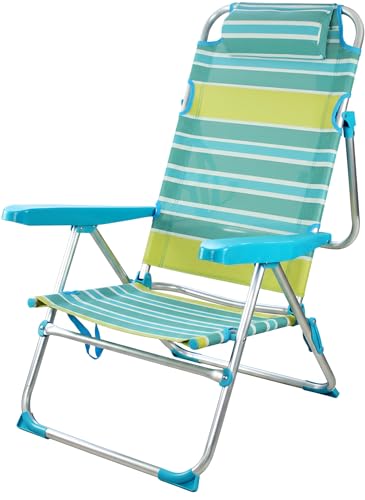 FUREINSTORE Silla Playa Plegable de Aluminio, 4 Posiciones Ajustables, Ligera y Portátil, Respaldo Alto con Reposabrazos, Silla Baja para Playa, Camping, Jardín y Piscina (Raya Azul Verde)