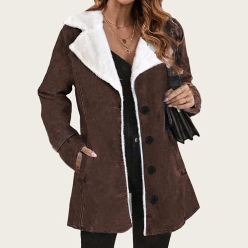 Womens Jackets Fall Sherpa Fleece Lined Jackets Button Down Suede Coats Notch Lapel Vintage Outerwear with Pockets2