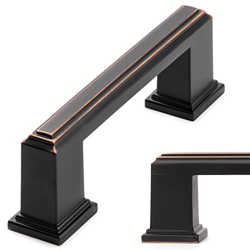 KOOFIZO Tirador de barra escalonada para gabinete, mango de bronce aceitado para muebles, espacio entre tornillos de 3 pulgadas/76 mm, paquete de 10 unidades para puerta de armario de cocina, cajón de