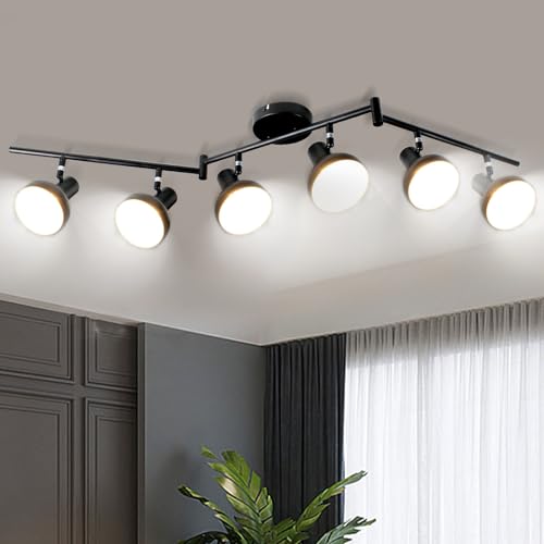 Track Lighting Fixtures Ceiling, 6-Head Adjustable LED Track Lighting Kit, Black Metal Directional Rotatable Ceiling Light Fixture for Kitchen, Living Room, E12 Base, Bulbs Not Included 6-li
