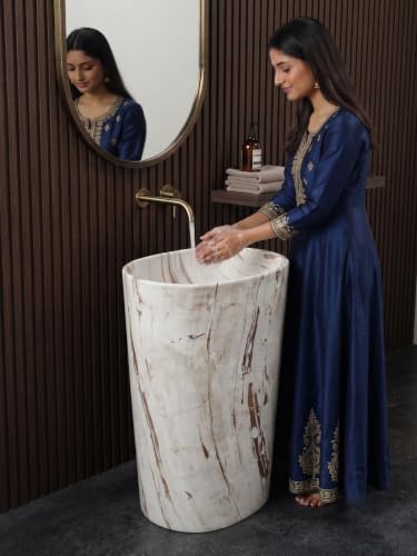Image of BASSINO 20x14x33 Inch Pedestal Wash Basin /Free Standing Wash Basin /7 Years Warranty /Oval Ceramic One Piece Pedestal Sink for Bathroom /Living Room /Floor Mounted Washbasin(Matt White-Brown Mix Marble)
