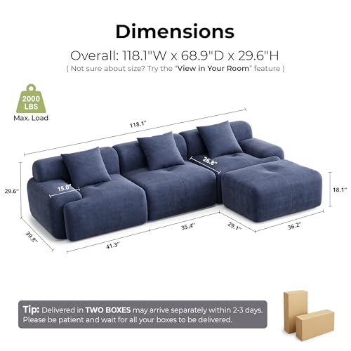 Image of LIKIMIO LumiCord 118 inch Tufted Modular Sectional Sofa with Ottoman, Modern L-Shaped Boneless Couch for Living Room, 26.8 inch Deep Seat, 18.1 inch High Seating, 15 inch Wide Armrest, Corduroy, Stormy Indigo