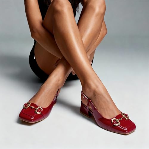 Image of Slingback Mary Jane Heels for Women Low Block Heel Closed Square Toe Pump Shoes Heels Classic Daily Office Dressy Shoes