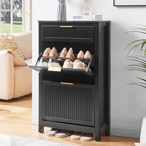 VIPLUMI 2 Flip Drawers Shoe Cabinet Storage for Entryway, Narrow Hidden Shoes Organizer for Front Door Entrance, Free Standing Shoes Cabinet Wooden Hallway Shoe Rack(Black) by VIPLUMI - Image 4