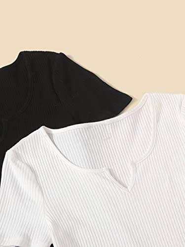 Soly Hux Girl's 2 Piece Notched Neck Short Sleeve Ribbed Knit Bodycon Mini Dress Black White 12-13Y #TOP2