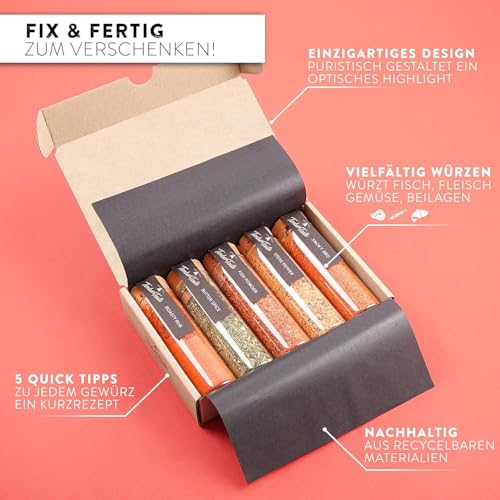 Foto von TIMBER TASTE® Grill Gewürze Geschenkset Frauen & Männer - 5 erlesene BBQ Grillgewürze inkl. Rezepte - Grill Zubehör Weihnachtsgeschenke Set für Männer & Frauen - Gewürze Geschenkset Weihnachten Papa