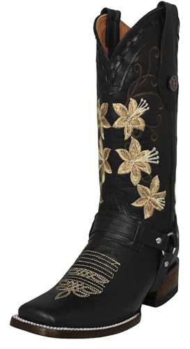 Texas Legacy Womens Annie Black Western Boots Leather Floral Embroidery Boot Straps