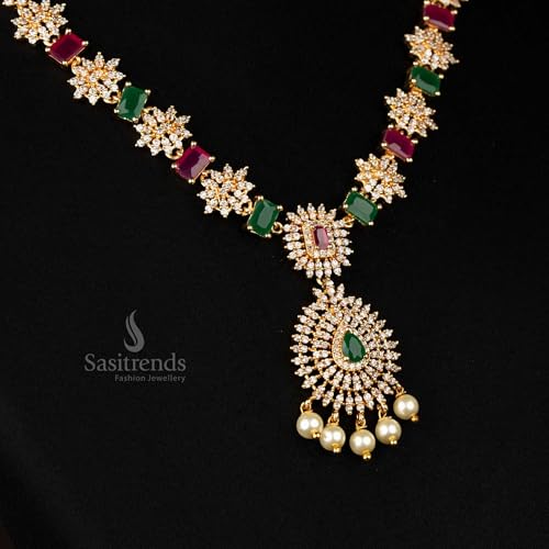 Sasitrends Traditional Micro Gold Plated Multi Color AD American Diamond Jewellery Necklace Jewellery Set for Women and Girls