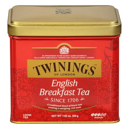 Image of Twinings English Breakfast Loose Tea Tin, 7.05 Ounce Tin (Pack of 1), Smooth, Flavourful, Robust Black Tea Leaves, Caffeinated, Enjoy Hot or Iced