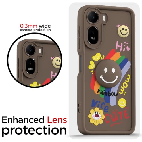 Image of Pikkme Back Cover for Redmi A7 Pro /Poco C85x 5G | Soft Silicone| Cute Rainbow Smile & 3D Cartoon Flower Design | Shockproof Raised Camera Protection Bumper Case (Brown)