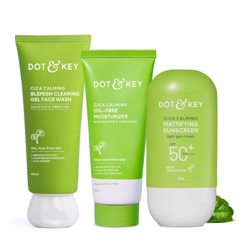 Dot & Key CICA Face Wash for Acne Prone Skin+Cica + Niacinamide Oil-Free Gel Moisturizer+ CICA Calming Mattifying Sunscreen