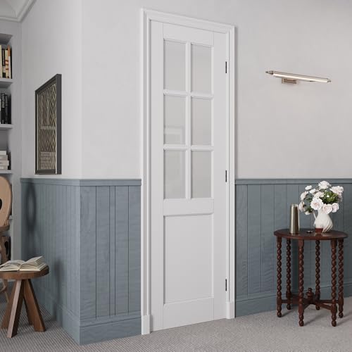 28\" x 80\" Glass Prehung Door Interior, 6-Lite Frosted Glass Paintable Prefinished Solid Core Door Slab with Easy Assembly Jamb Kit, Black Hinges, Left Hand Inswing for Pantry, Bedroom