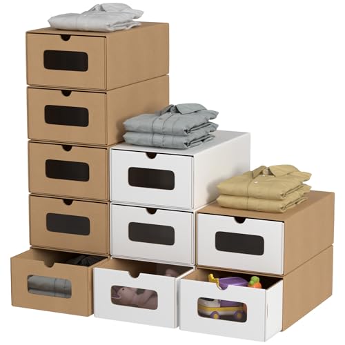 Hebitod Lot de 10 boîtes de rangement avec fenêtre - 33 x 30 x 35 cm - Boîtes à chaussures empilables en carton - Boîtes à chaussures - Boîtes à jouets...