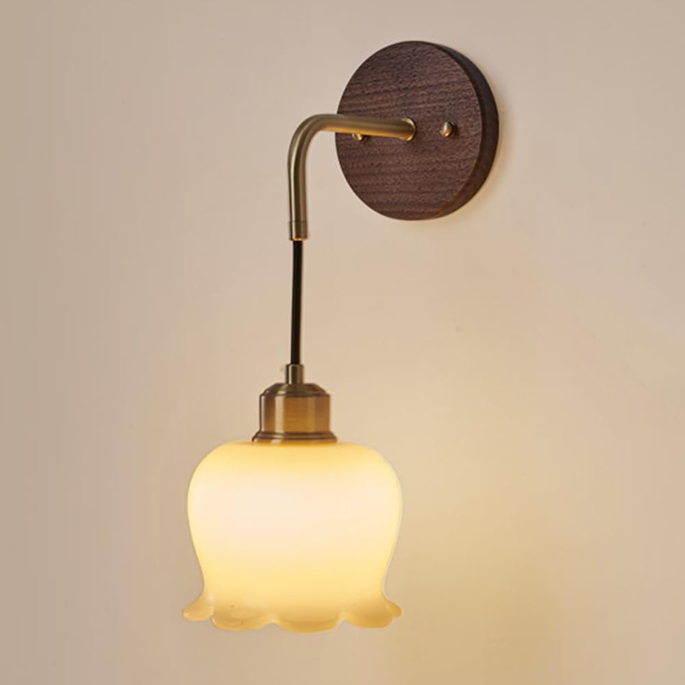 Applique da Parete Vintage con Paralume in Vetro e Base in Legno di Noce, Applique in Ottone Regolabili in Altezza, Lampada da Parete per Comodino, Camera da Letto, Ingresso, Soggiorno, corridoio