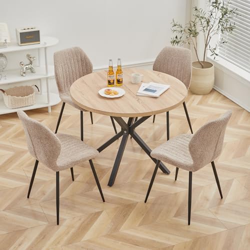 EGOONM Ensemble de Table à Manger avec 4 Chaises - Table Ronde 100 cm Plateau MDF avec 4 Chaises en Tissu Lin - Idéal Cuisine ou Salon (Naturel_Marron_St)