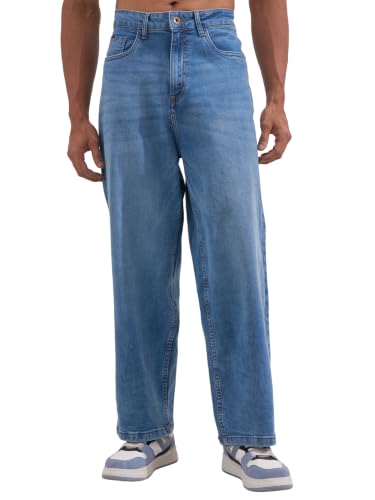 Image of Highlander Men Men's Premium Loose Straight Fit Mid-Rise Cotton Lycra Jeans - Button Closure, Machine Washable, Comfortable All-Day Wear for Casual & Semi-Formal Occasions
