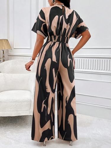 Image of PerZeal Women's V-Neck Short Sleeve Printed Jumpsuit with Pockets - Casual Wide Leg One-Piece Romper for Summer(S-XXL)