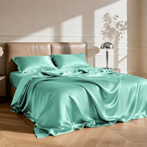 Image of Love's cabin Twin Satin Sheets Sets - 3 Piece Aqua Silky ed Sheets with Deep Pockets, Luxury Silk Feel Satin Twin Size Sheet Set Bedding Set (1 Flat Sheet,1 Fitted Sheet,1 Pillow case)