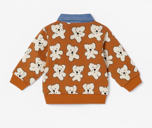 Image of Bold N Elegant Teddy Bear Cartoon Print Cardigan Jacket Attached Shirt & Denim Jeans Pant Winter Party Clothing Set for Boys Girls Kids