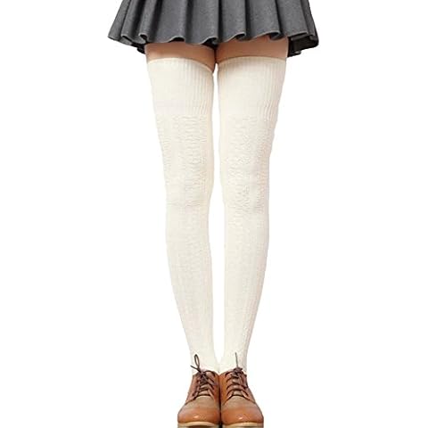 LSHARON Womens Over the Knee Thigh High Stockings Soft Knit Crochet Sock Leggings (Beige) Cover